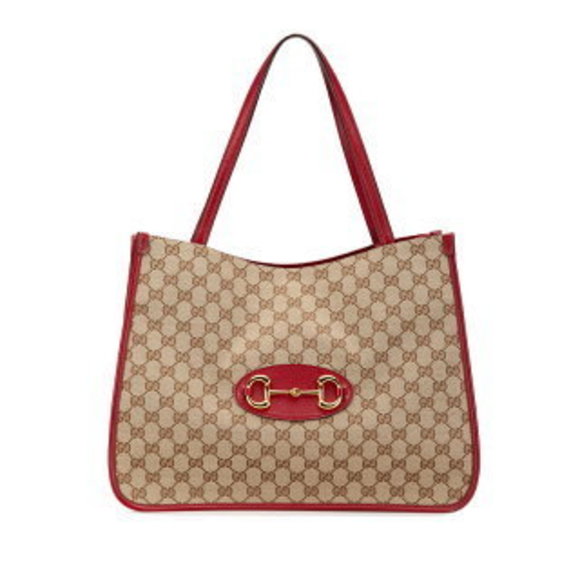 Gucci GG Canvas Horsebit Tote Shoulder Bag Beige Red Leather - Picture 1 of 8